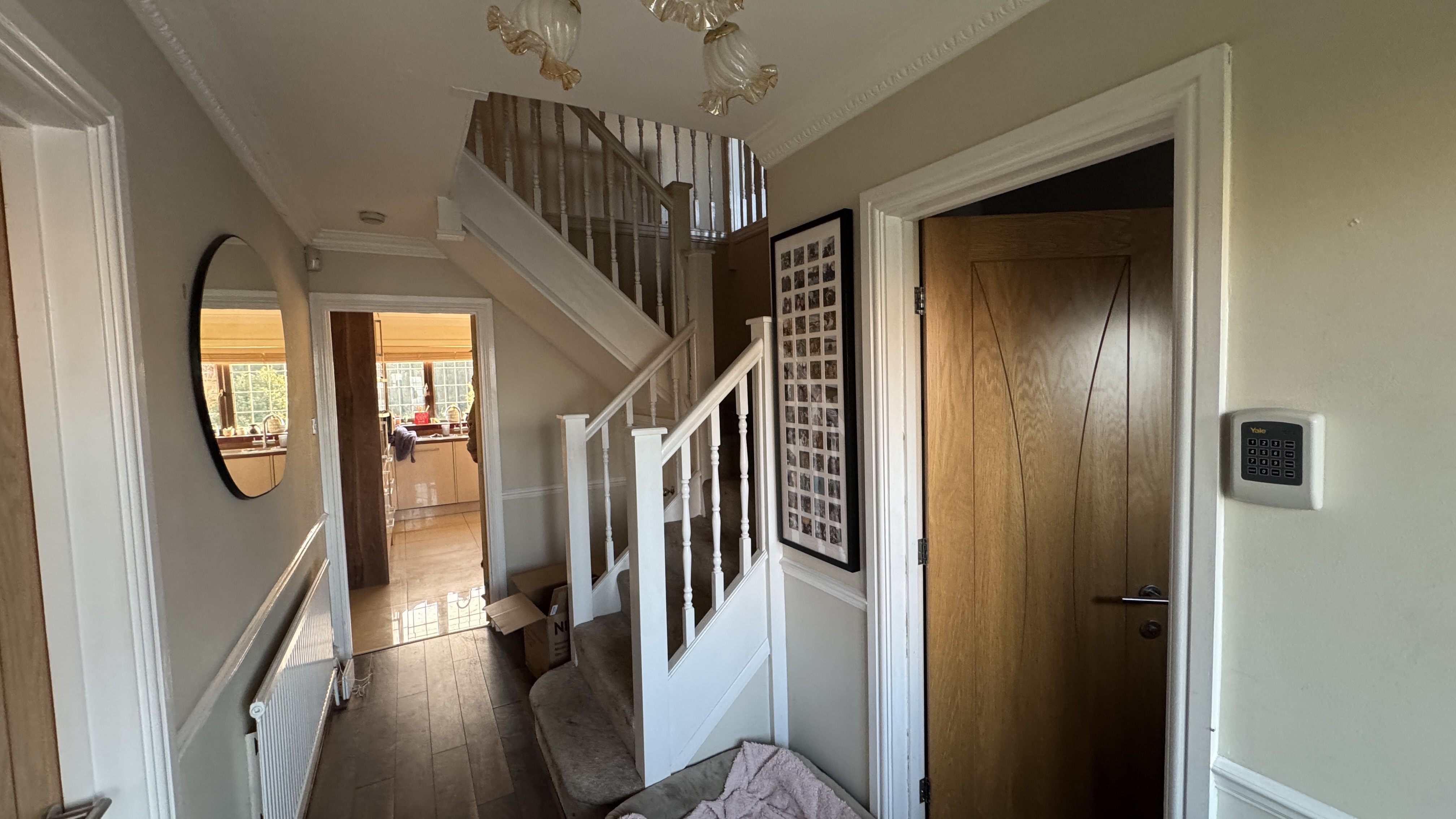 Staircase banister painted with durable coating